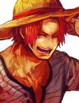  1boy aged_down child closed_eyes hat laughing male_focus one_piece open_mouth redhead shanks_(one_piece) shirt short_hair simple_background smile solo straw_hat teeth third-party_source tsuyomaru white_background 