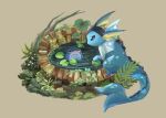  animal_focus black_eyes bright_pupils commentary fern fins full_body grey_background head_fins highres lily_pad looking_at_another moss no_humans pokemon pokemon_(creature) poliwag pool ripples simple_background symbol-only_commentary vaporeon volpecorvo white_pupils 