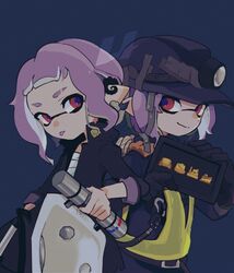  2girls black_coat black_gloves black_helmet black_jumpsuit bloblobber_(splatoon) blue_background blue_pupils chest_sarashi coat colored_tongue commentary duct_tape earrings eyebrow_cut film_grain gloves helmet high-visibility_vest imaikuy0 inkling inkling_girl inkling_player_character jewelry jumpsuit mining_helmet multiple_girls pointy_ears purple_hair purple_tongue red_eyes sarashi short_hair smile splatoon_(series) symbol-only_commentary tentacle_hair tongue tongue_out 