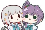  2girls :&lt; absurdres aqua_neckerchief black_choker blue_dress blush bob_cut cheek-to-cheek chibi chibi_only choker closed_mouth colored_inner_hair commentary_request diagonal_bangs dress flower grey_hair hair_bun hair_flower hair_ornament hasu_no_sora_school_uniform heads_together highres inverted_bob link!_like!_love_live! long_hair love_live! multicolored_hair multiple_girls neckerchief o-ring o-ring_choker oofushi_ao open_mouth otomune_kozue purple_hair red_flower redhead sailor_collar sailor_dress school_uniform short_hair short_sleeves side_ponytail single_side_bun smile solid_circle_eyes solid_oval_eyes split_mouth star_(symbol) star_hair_ornament streaked_hair summer_uniform v-shaped_eyebrows white_sailor_collar yugiri_tsuzuri 