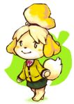  1girl animal_crossing black_eyes blush_stickers chibi closed_mouth full_body furamii furry furry_female green_skirt isabelle_(animal_crossing) long_sleeves red_ribbon ribbon skirt smile solo sweater tied_ears walking yellow_sweater 