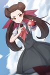  1girl absurdres ascot brown_hair closed_mouth clouds cloudy_sky collared_shirt cometeau_poke commentary_request dress grey_dress highres holding holding_poke_ball long_hair looking_at_viewer pantyhose poke_ball poke_ball_(basic) pokemon pokemon_oras red_ascot red_eyes roxanne_(pokemon) shirt short_sleeves sky twintails white_shirt 