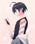  1boy absurdres ahoge alternate_costume arm_tattoo black_hair black_shirt brown_background cheer_(cheerpuppy14) danganronpa_(series) danganronpa_v3:_killing_harmony earphones from_side highres holding holding_phone musical_note_tattoo notice_lines off_shoulder phone saihara_shuichi shirt simple_background solo tattoo 