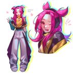  ! !! 1girl alune_(league_of_legends) animification golub.lol grey_pants headset heart heartsteel_alune highres jacket league_of_legends long_hair multiple_views official_alternate_costume one_eye_closed pants pink_eyes pink_footwear pink_hair shoes simple_background smile sneakers sweatpants tongue tongue_out two_side_up v white_background yellow_jacket 
