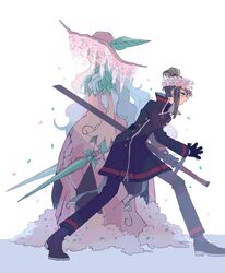  1boy 1girl absurdres alriune angela_(project_moon) black_coat black_footwear black_gloves black_pants blue_hair boots coat dress e.g.o_(project_moon) gloves hat hat_feather head_wreath highres holding holding_sword holding_weapon library_of_ruina long_hair long_sleeves netzach_(project_moon) nito pants pink_dress pink_hat project_moon sidelocks sword very_long_hair wavy_hair weapon 