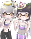  alternate_costume alternate_hairstyle black_hair callie_(splatoon) cousins food food_on_head highres inkling marie_(splatoon) midriff mole mole_under_eye multicolored_clothes object_on_head official_alternate_costume open_mouth smile smn_cbn splatoon_(series) splatoon_1 splatoon_2 splatoon_3 star-shaped_pupils star_(symbol) sushi symbol-shaped_pupils tentacle_hair white_hair yellow_eyes 