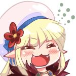  1girl :3 blonde_hair blunt_bangs blush chibi closed_eyes commentary_request fangs flower gyate_gyate hat hat_flower highres lanmei_jiang long_hair medium_bangs open_mouth pointy_ears ragnarok_online shirt simple_background smile solo sorcerer_(ragnarok_online) tam_(ragnarok_online) upper_body white_background white_shirt 