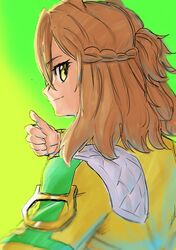  1girl amik0824 animal_ears braid brown_hair closed_mouth gradient_background green_background highres horse_ears jacket jungle_pocket_(umamusume) long_sleeves looking_at_viewer looking_back medium_hair short_ponytail sideways_mouth smile solo thumbs_up umamusume upper_body yellow_background yellow_eyes yellow_jacket 