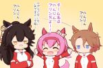  3girls :d ^_^ animal_ears arms_up black_hair blue_eyes blush_stickers bow brown_background brown_hair chibi closed_eyes ear_bow gomashio_(goma_feet) hair_between_eyes haru_urara_(umamusume) horse_ears horse_girl horse_tail jacket jitome long_hair long_sleeves mouth_hold multiple_girls narita_brian_(umamusume) narita_taishin_(umamusume) parted_bangs pink_hair ponytail puffy_long_sleeves puffy_sleeves red_jacket sleeves_past_wrists smile stalk_in_mouth tail track_jacket translation_request umamusume upper_body white_bow yellow_eyes 