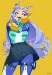  1girl :d absurdres blue_bodysuit blue_eyes blue_hair bodysuit boku_no_hero_academia drill_hair gloves green_bodysuit hadou_nejire hair_horns highres long_hair looking_at_viewer multicolored_bodysuit multicolored_clothes open_mouth outstretched_arms pouch simple_background smile solo stayaliveplz superhero_costume teeth thigh_pouch thigh_strap twin_drills yellow_background yellow_gloves 