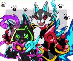 black_fur blue_tail body_fur cat claws colored_sclera commentary_request facial_mark fangs furry green_sclera grey_background grey_fur kuon_(umbraclaw) locke_(umbraclaw) purple_tail red_sclera umbraclaw upper_body violet_eyes whisker_markings wolf zukoko_rkgk 