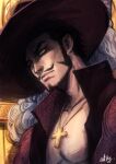  1boy artist_name attyattlaw beard black_hair closed_mouth commentary cross cross_necklace dracule_mihawk facial_hair hat hat_feather highres jewelry male_focus mustache necklace one_piece open_clothes short_hair sideburns signature solo yellow_eyes 