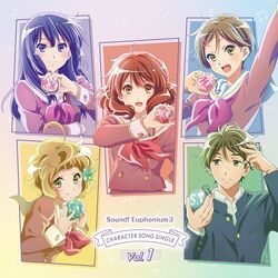  1boy 4girls album_cover arm_up artist_request black_hair bow brown_hair cover fluffy_hair green_eyes hair_bow happy hibike!_euphonium highres initial katou_hazuki kawashima_sapphire kousaka_reina long_hair medium_hair multiple_girls musical_note official_art oumae_kumiko school_uniform short_hair smile tsukamoto_shuuichi violet_eyes yellow_eyes 