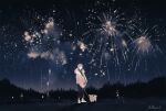  1boy artist_name coat dog fireworks full_body fur-trimmed_coat fur_trim glasses grass hair_between_eyes highres holding holding_leash illumi999 leash looking_at_viewer male_focus night night_sky original outdoors shadow short_hair sky smile solo standing star_(sky) tree 