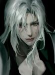  1boy armor black_background blood blood_on_face final_fantasy final_fantasy_vii final_fantasy_vii_remake green_eyes grey_hair hair_over_one_eye highres light_smile long_hair looking_at_viewer male_focus parted_bangs pauldrons sephiroth shoulder_armor slit_pupils solo upper_body vegaressi 