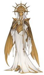  1girl amber_eyes birmit dress earrings gold_mask helmet highres jewelry long_hair looking_at_viewer mask original solo veil white_background white_dress white_hair wings 