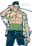  1boy absurdres bandaged_arm bandages bandana bare_pectorals cropped_legs green_pants highres holding holding_sword holding_weapon maiko_(setllon) male_focus mouth_hold muscular nipples one_piece open_clothes open_shirt pants pectorals roronoa_zoro scar shirt sketch solo striped_clothes striped_shirt sword translation_request weapon white_background 