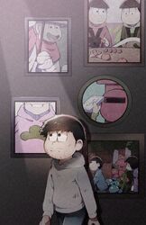  beard_stubble bowl disheveled empty_eyes facial_hair food fruit green_kimono grey_sweater grin highres holding holding_bowl japanese_clothes japanese_cylindrical_postbox kimono kotatsu matsuno_choromatsu matsuno_ichimatsu matsuno_jyushimatsu matsuno_karamatsu matsuno_osomatsu matsuno_todomatsu michaelmatsu_(osomatsu-san) on_table orange_(fruit) orange_slice osomatsu-san ouka_(stan) photo_(object) red_kimono rice rice_bowl smile statue stubble sweater table yukata 