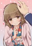  1boy 1girl blush bow brown_eyes brown_hair floral_print hair_bow heart highres idolmaster idolmaster_cinderella_girls imminent_headpat jacket japanese_clothes kaishinshi kimono long_hair looking_at_viewer obi pov pov_hands print_kimono producer_(idolmaster) sash smile solo_focus upper_body yorita_yoshino 