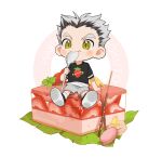  1boy annsmow black_hair black_shirt bokuto_koutarou cake dilated_pupils food food_print fruit full_body green_eyes grey_hair grey_shorts haikyuu!! highres holding holding_spoon leaf male_focus minimized multicolored_hair pocky shirt short_sleeves shorts simple_background socks solo spoon strawberry strawberry_print strawberry_shortcake three_quarter_view two-tone_hair utensil_in_mouth white_background white_socks 