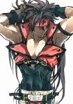  1_ssmk 1boy arms_behind_head arms_up belt black_gloves brown_hair cropped_jacket english_text fingerless_gloves gloves guilty_gear guilty_gear_x guilty_gear_xx hair_between_eyes headband highres jacket large_pectorals long_hair muscular muscular_male pectorals ponytail red_jacket shaded_face sol_badguy solo 