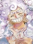  +++ 1boy ^_^ anarchyintheek closed_eyes commentary_request gear_fifth hat highres male_focus monkey_d._luffy one_piece open_clothes open_shirt scar scar_on_chest scar_on_face shirt shorts smile solo straw_hat thick_eyebrows upper_body white_hair white_shirt white_shorts 