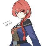  1girl absurdres bigkwl black_sailor_collar blue_dress braid dated dress hair_over_shoulder highres kantai_collection neckerchief nevada_(kancolle) nevada_kai_(kancolle) one-hour_drawing_challenge red_eyes red_neckerchief redhead sailor_collar sailor_dress simple_background single_braid solo twitter_username upper_body white_background 