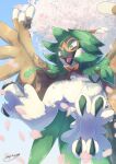  absurdres animal_focus bird blue_sky cherry_blossoms commentary_request decidueye falling_petals from_below highres no_humans open_mouth orange_eyes outdoors owl petals pokemon pokemon_(creature) signature sky talons tanpakuroom white_fur wings 