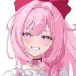  1girl blush bow braid collarbone commentary elysia_(herrscher_of_human:ego)_(honkai_impact) elysia_(honkai_impact) english_commentary hair_between_eyes hair_bow hair_intakes honkai_(series) honkai_impact_3rd long_hair looking_at_viewer nami_(tznami) pink_hair pointy_ears portrait red_bow shirt simple_background smile solo violet_eyes white_background white_shirt 
