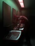  1girl android bathroom black_hair blood blood_on_hands blue_eyes commentary_request crack cracked_glass digitigrade elster_(signalis) highres looking_at_mirror mirror ohime_illust short_hair signalis sink solo 