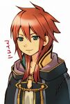  1boy black_robe closed_mouth fire_emblem green_eyes hair_between_eyes hood hood_down hooded_robe long_hair looking_at_viewer male_focus numae_kaeru redhead robe robin_(fire_emblem) robin_(male)_(fire_emblem) simple_background smile solo translation_request upper_body white_background 