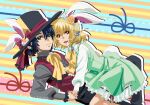  1boy 1girl animal_ears artist_name athrun_zala blonde_hair blue_hair cagalli_yula_athha cosplay couple dress easter easter_bunny easter_bunny_(cosplay) fake_animal_ears fumiko_(mesushi) green_dress green_eyes gundam gundam_seed gundam_seed_freedom hair_ornament hand_on_another&#039;s_back holding_hands looking_at_viewer mad_hatter_(alice_in_wonderland) mad_hatter_(alice_in_wonderland)_(cosplay) rabbit_ears short_hair yellow_eyes 