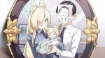  1boy 2girls :3 ^_^ animal_ear_fluff animal_ears anime_coloring baby black_hair blonde_hair blue_archive blue_halo blue_necktie blurry blurry_background blush cel_shading child closed_eyes closed_mouth collared_shirt covered_face dog_ears dog_girl doodle_sensei_(blue_archive) family grapeanime grey_eyes grey_shirt hair_over_one_eye halo highres husband_and_wife indoors kanna_(blue_archive) long_hair long_sleeves looking_at_mirror mirror multiple_girls necktie one_eye_covered sensei_(blue_archive) shirt short_hair smile upper_body video_thumbnail white_shirt 