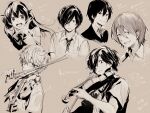 1girl 4boys bad_id bad_pixiv_id bow bow_(music) character_request collarbone copyright_request highres instrument multiple_boys multiple_views musical_note necktie open_mouth school_uniform shirt shouting translation_request two_side_up violin yuu_(isis7796) 