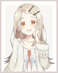 1girl camisole collarbone earrings gakuen_idolmaster grey_hair hair_ornament hairclip hand_on_own_cheek hand_on_own_face idolmaster jacket jewelry kotaka long_hair looking_at_viewer open_clothes open_jacket open_mouth orange_eyes shinosawa_hiro smile solo stud_earrings upper_body white_camisole 