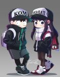  1boy 1girl absurdres artist_name backpack bag bag_charm black_footwear black_hat black_jacket blush character_doll character_name charm_(object) chibi closed_mouth clothes_writing commentary drawstring ear_blush flower full_body grey_background grey_shorts hands_in_pockets hat hat_flower highres j_humbo jacket komi-san_wa_komyushou_desu komi_shouko long_hair long_sleeves looking_at_viewer no_mouth no_nose pantyhose purple_hair shoes short_hair shorts signature sneakers standing tadano_hitohito violet_eyes white_footwear white_hat 