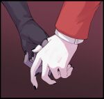  black_border black_gloves black_nails border charlie_morningstar fingerless_gloves gloves gradient_background hazbin_hotel hiwonoafu holding_hands long_sleeves nail_polish red_background red_sleeves vaggie yuri 