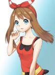  1girl bare_shoulders blue_background blue_eyes bow brown_hair collarbone eyelashes hair_bow looking_at_viewer may_(pokemon) open_mouth pokemon pokemon_oras red_bow red_shirt shirt sleeveless sleeveless_shirt solo two-tone_background upper_body white_background yuuki510510 