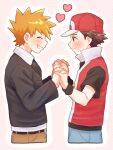  2boys belt belt_buckle blonde_hair blue_oak blush brown_hair buckle closed_eyes closed_mouth commentary_request grin hands_up heart highres holding_hands jacket long_sleeves looking_at_another male_focus mochi_(mocchi_p_2m) multiple_boys pants pokemon pokemon_hgss red_(pokemon) red_hat red_vest shirt short_hair short_sleeves smile spiky_hair teeth vest wristband 