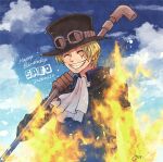  1boy ^_^ aco_peda ascot black_coat blonde_hair blue_shirt brown_gloves closed_eyes coat commentary_request fire gloves goggles goggles_on_headwear hat holding holding_weapon male_focus one_piece sabo_(one_piece) scar scar_on_face shirt short_hair signature sky solo upper_body weapon white_ascot 