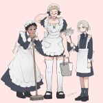  3boys alternate_costume alternate_hairstyle apron arm_at_side arm_behind_head artist_name ascot black_ascot black_dress black_eyes black_footwear black_hair black_socks blonde_hair blue_eyes bucket buttons closed_eyes crossdressing dress dungeon_meshi duster enmaided expressionless facing_viewer frilled_apron frills full_body grey_hair hair_bun hat highres holding holding_bucket holding_duster juliet_sleeves kabru laios_touden leaning_on_broom leaning_on_object loafers long_sleeves maid maid_apron maid_day maid_headdress male_focus mary_janes mithrun mob_cap multiple_boys ooomi open_mouth pink_background puffy_sleeves shoes short_hair signature simple_background single_hair_bun socks sweatdrop thigh-highs uneven_eyes white_apron white_thighhighs 