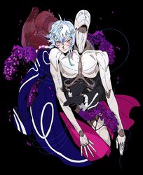  1boy ahoge black_background black_gloves blue_hair blue_jacket braid closed_mouth crossed_bangs doll doll_joints frilled_sleeves frills gloves hair_between_eyes hair_ornament hairclip heart_(organ) highres holding holding_doll holostars holostars_english jacket joints light_smile looking_at_viewer male_focus medium_hair multicolored_hair multiple_braids octavio petals puppet puppet_strings screetuber stitches violet_eyes virtual_youtuber white_hair 