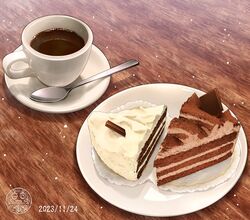  artist_logo cake cake_slice chocolate_cake coffee commentary_request cup dated food food_focus no_humans ooranokohaku original saucer spoon still_life table wooden_table 