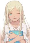  1girl ;d blonde_hair book collarbone commentary_request green_eyes highres hugging_object idolmaster idolmaster_cinderella_girls layla_(idolmaster) long_hair looking_at_viewer nametake one_eye_closed shirt short_sleeves smile solo straight_hair upper_body very_long_hair white_shirt 