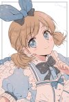  alice_(alice_in_wonderland) alice_(alice_in_wonderland)_(cosplay) alice_in_wonderland black_ribbon blue_bow blue_dress blue_eyes bow brown_hair cosplay dress hair_bow highres idolmaster idolmaster_million_live! index_finger_raised low_twintails neck_ribbon pqpqpq783 ribbon short_sleeves short_twintails sketch smile suou_momoko twintails 