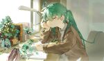  1girl book chi_chi3939 closed_eyes closed_mouth desk hatsune_miku highres pencil_case solo sweater twintails vocaloid window writing 