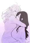  2girls ahoge closed_eyes commentary_request gradient_background hug long_hair long_sleeves monochrome multiple_girls nijisanji open_mouth shirayuki_tomoe shirt smile sukoya_kana twintails twitter_username virtual_youtuber yuri yuri_kyanon 