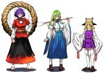  3girls absurdres bare_shoulders black_skirt blonde_hair blue_eyes blue_hakama breasts brown_footwear brown_hat collared_shirt commentary_request detached_sleeves flip-flops frog_hair_ornament full_body green_hair hair_ornament hakama hakama_skirt highres hip_vent japanese_clothes kochiya_sanae large_breasts layered_sleeves leaf_hair_ornament loafers long_hair long_sleeves medium_breasts medium_hair mirror moriya_suwako multiple_girls purple_hair purple_skirt purple_vest red_shirt red_skirt rope sandals sen_(daydream_53) shimenawa shirt shoes short_over_long_sleeves short_sleeves sidelocks simple_background skirt small_breasts snake socks standing thigh-highs touhou turtleneck vest white_background white_shirt white_sleeves white_socks white_thighhighs wide_sleeves yasaka_kanako 