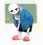  1boy black_shorts grin guangchenren hands_in_pockets highres hood hooded_jacket jacket loafers open_clothes open_jacket pink_footwear sans shirt shoes shorts signature simple_background skeleton smile socks solo teeth undertale white_shirt 