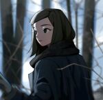  1girl black_gloves black_scarf blue_jacket blurry blurry_background branch brown_eyes brown_hair chromatic_aberration closed_mouth clouds coat gloves highres jacket kimura_731 looking_to_the_side medium_hair original outdoors scarf sky solo swept_bangs tree upper_body 